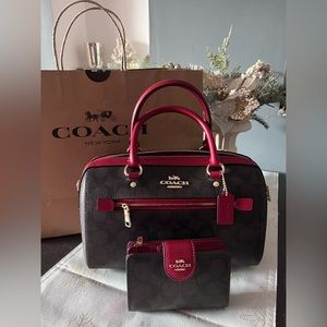 NEW COACH SIGNATURE ROWAN SATCHEL / CROSSBODY + CORNER ZIP WALLET BROWN/1941 RED